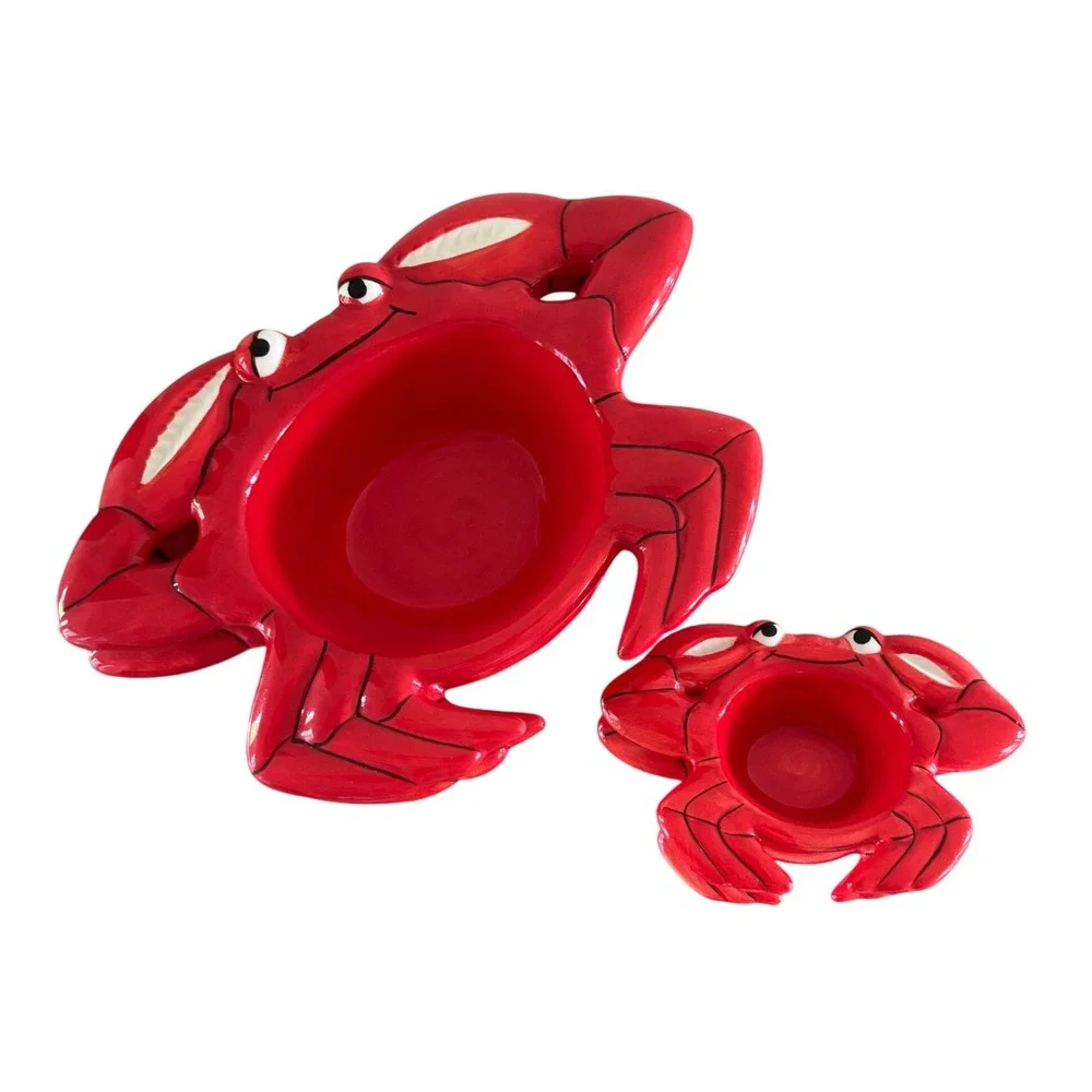 Le Gourmet Chef Vintage Red Ceramic Crab Serving Bowl and Dipping Cup Set 4pc